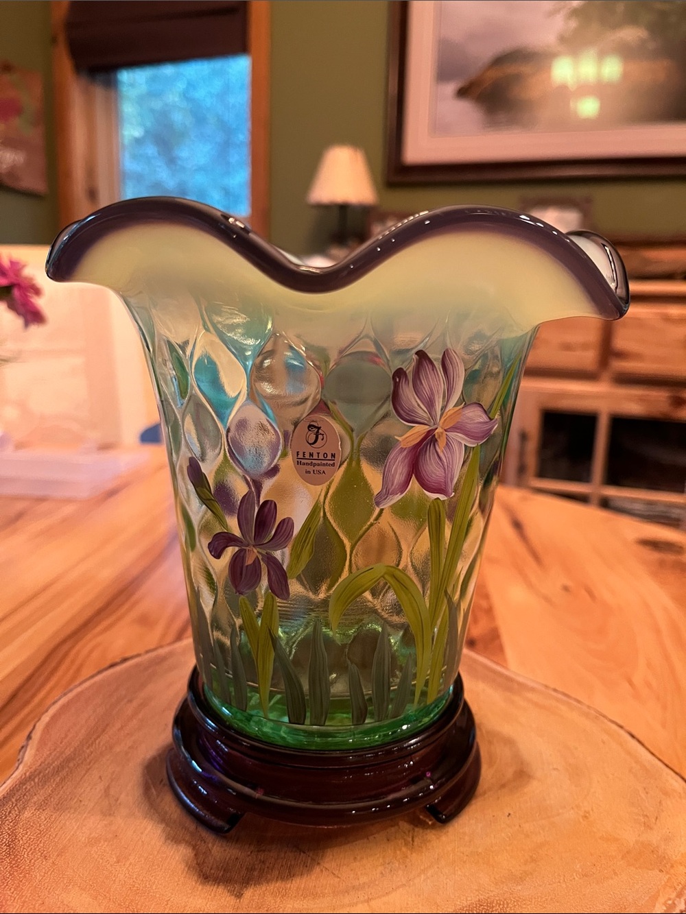 Fenton Purple Iris Hand-Painted Glass Vase
